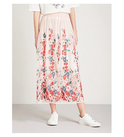 Maje Jamie Floral-embroidered Tulle Midi Skirt In Pale Pink