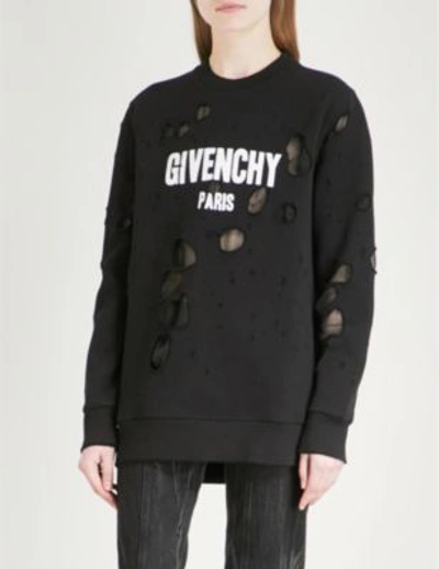 Givenchy Ladies Black Distressed Logo-print Cotton-jersey Sweatshirt