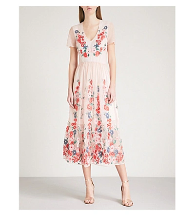 Maje Raphael Floral-embroidered Tulle Midi Dress In Pale Pink