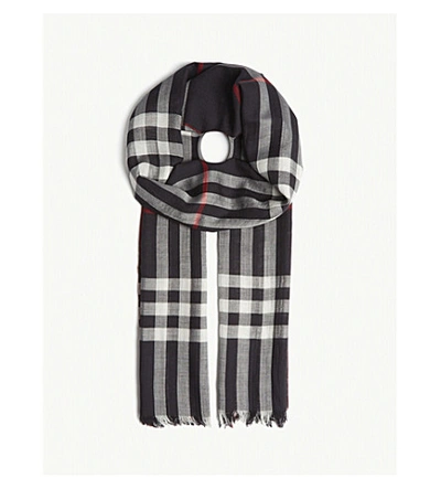 Burberry Giant Check Wool And Silk Scarf In Navy
