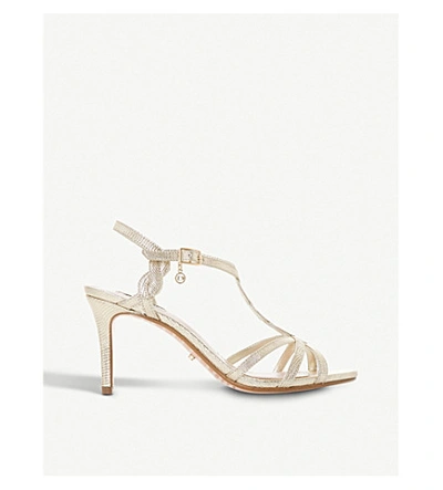 Dune Mystick Patent Mid-heel Sandals In Gold-reptile Synthetic
