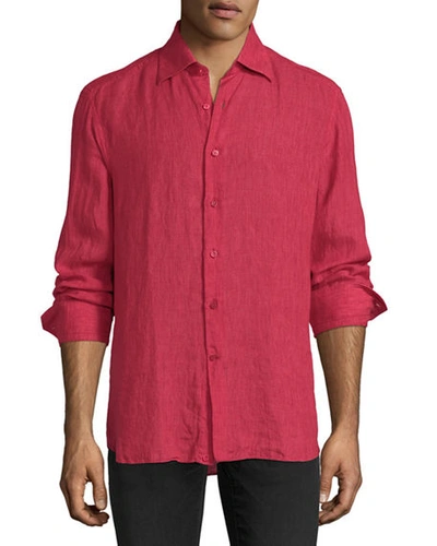 Stefano Ricci Barrel-cuff Linen Dress Shirt In Red