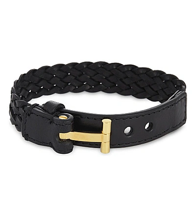 Tom Ford 't' Braided Leather Bracelet In Black Gold