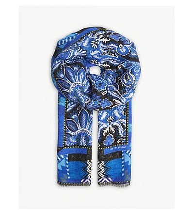 Etro Paisley Print Linen Scarf In Blue