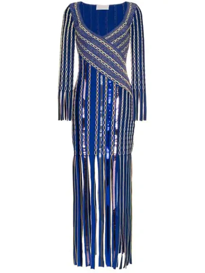Peter Pilotto Fringe Jacquard Knit V-dress In Blue