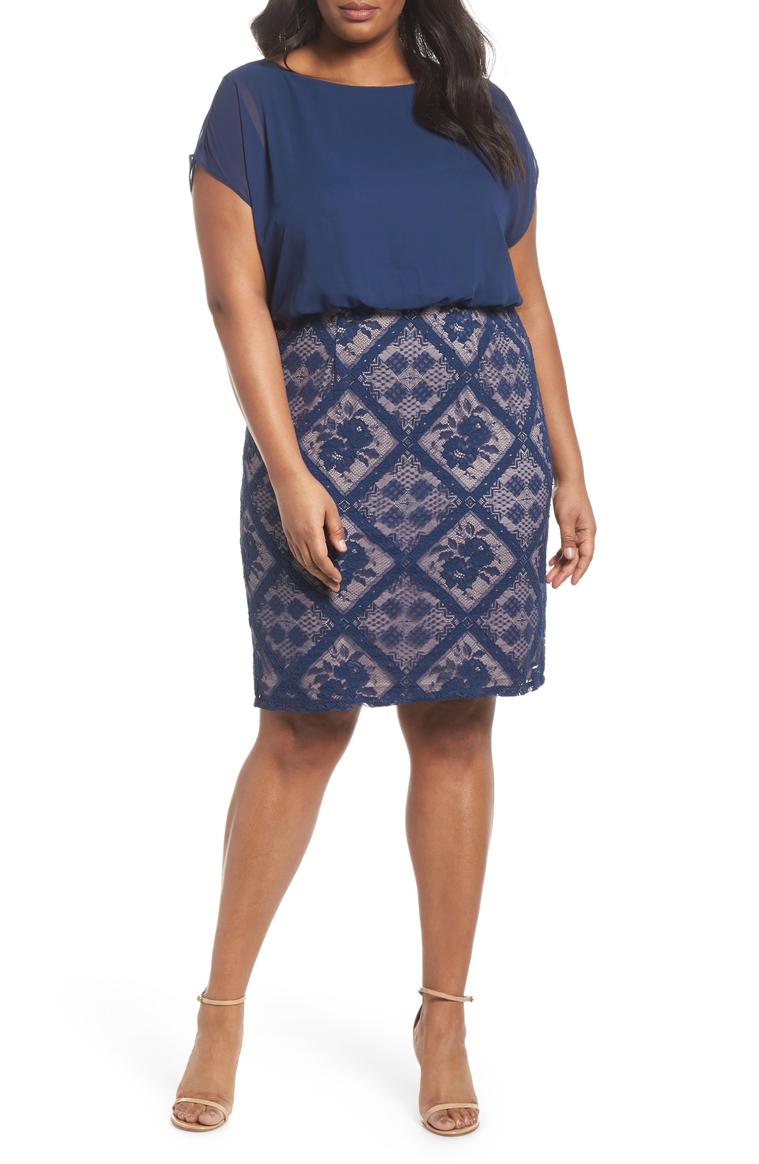 Adrianna Papell Chiffon Lace Blouson Dress In Navy Sateen Modesens