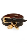 Alexander Mcqueen Skull Charm Leather Wrap Bracelet In Black/ Gold