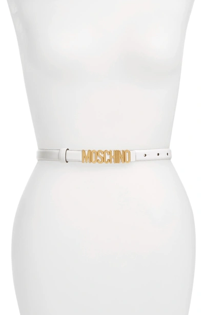 Moschino Logo Plaque Skinny Leather Belt In White W/ Gold