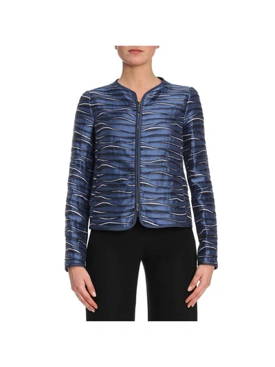 Emporio Armani Metallic Printed Collarless Jacket In Blue