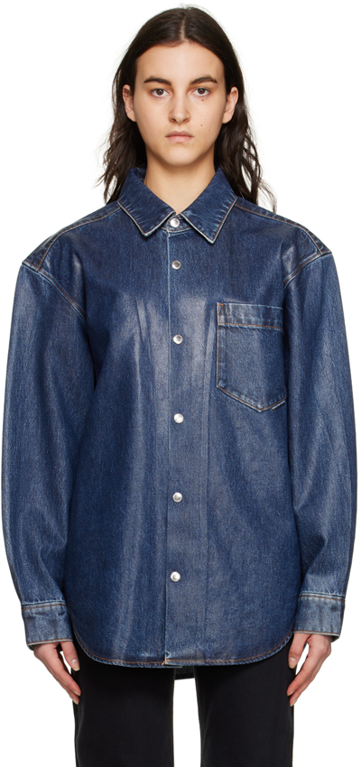 Alexander Wang Oversized Shirt In Coated Denim In Dark Indigo