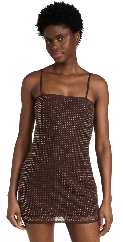 Alexander Wang Clear Hotfix Slip Dress In Light Mesh In Chocolate