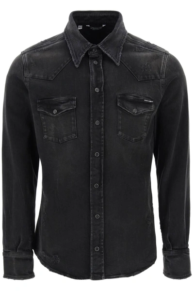 Dolce & Gabbana Distressed Denim Western Shirt In Black