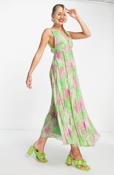 Asos Design Sleeveless V-neck Pleated Trapeze Maxi Dress In Green Floral Print-multi In Green