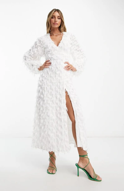 chinese dress ladies Rent Asos Luxe 3D Fringe Cupped Fishtail Maxi Dress In White main image 1