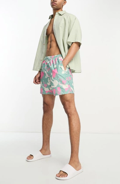 Asos Design Swim Shorts In Mid Length In Abstract Print-multi