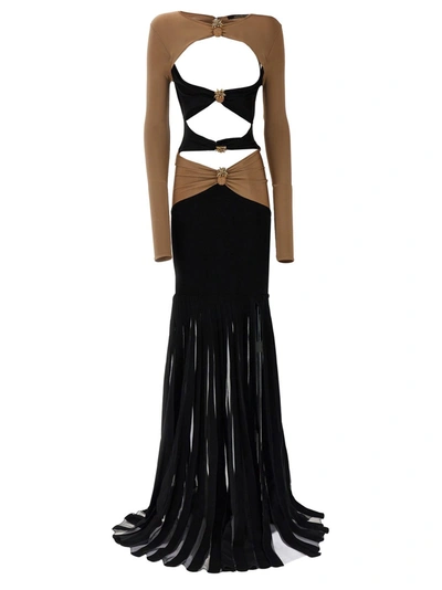 Roberto Cavalli Compact Knit Cutout Long Dress In Beige,black | ModeSens