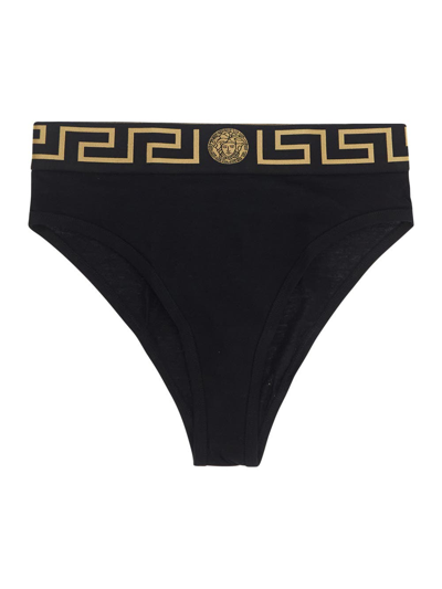 Versace High Leg Briefs With Greek Border In Black