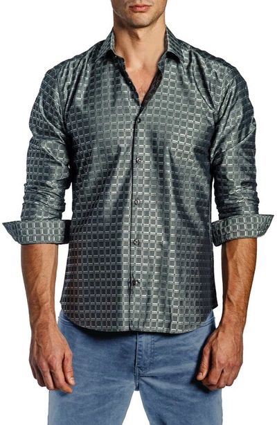 Jared Lang Trim Fit Grid Box Cotton Dress Shirt In Olive Grey