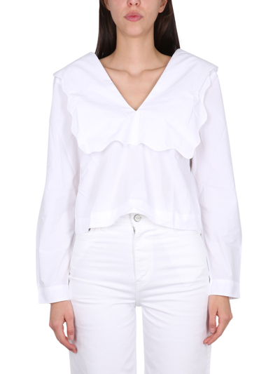 Ganni Cotton Poplin Rhythm Collar Blouse In White