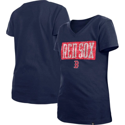 New Era Kids' Girls Youth  Navy Boston Red Sox Flip Sequin Team V-neck T-shirt