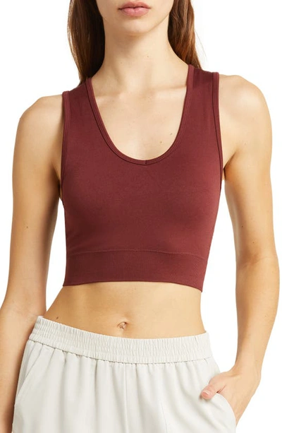 Zella Perforated Seamless Longline Sports Bra In Burgundy Port