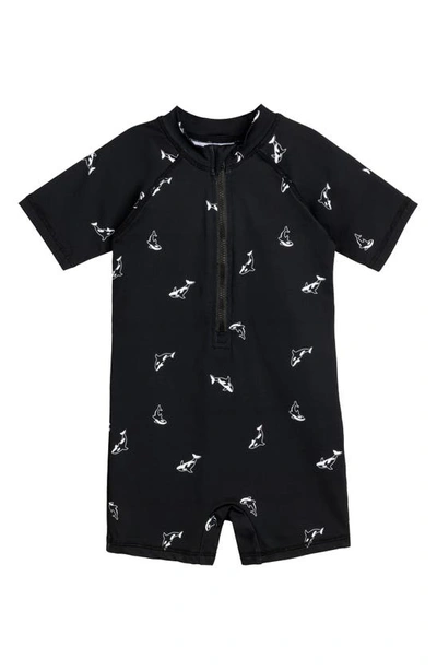Miles The Label Babies' Orcas On Black Short Sleeve One-piece Rashguard Swimsuit In 900 Black
