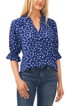 Cece Floral Split Neck Blouse In Twilight Blue