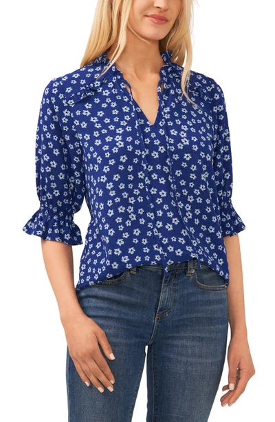 Cece Floral Split Neck Blouse In Twilight Blue