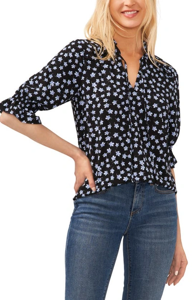 Cece Floral Split Neck Blouse In Rich Black