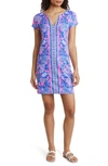 Lilly Pulitzer Sophiletta Upf 50+ Short Sleeve Shift Dress In Soleil Pink Palm Paradise Engineered Knit Dress