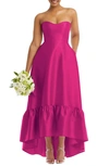 Alfred Sung Strapless Ruffle High-low Satin Gown In Think Pink