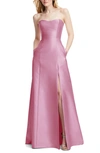 Alfred Sung Strapless Satin A-line Gown In Powder Pink