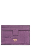 Tom Ford T-line Metallic Croc Embossed Leather Card Holder In Mauve