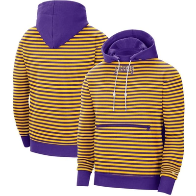 Nike Men's Gold-tone, Purple Los Angeles Lakers 75th Anniversary Courtside Striped Pullover Hoodie In Gold-tone,purple