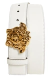 Versace Medusa Head Leather Belt In Off White/  Gold