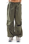 Iets Frans Shiny Baggy Parachute Pants In Dark Khaki