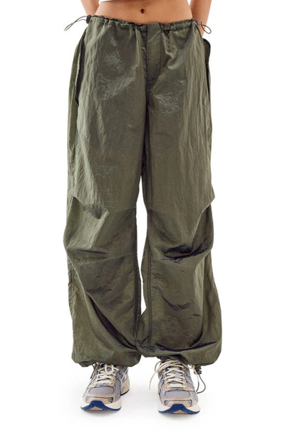 Iets Frans Shiny Baggy Parachute Pants In Dark Khaki