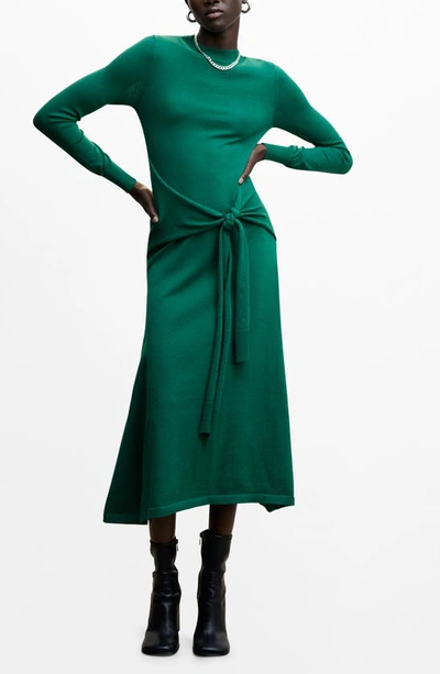 Mango Tie Waist Long Sleeve Sweater Dress In Green