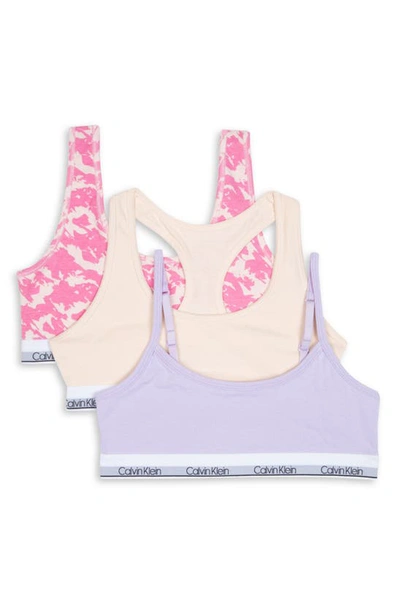Calvin Klein Kids' Assorted 3-pack Stretch Cotton Sports Bras In Lilac/ Nude/ Pink Splatter