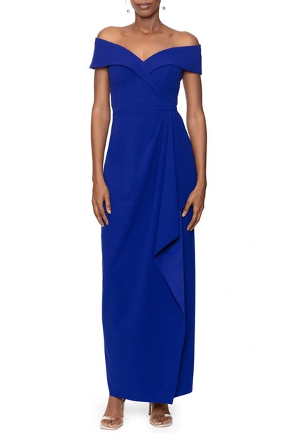Xscape Off The Shoulder Scuba Evening Gown In Marine