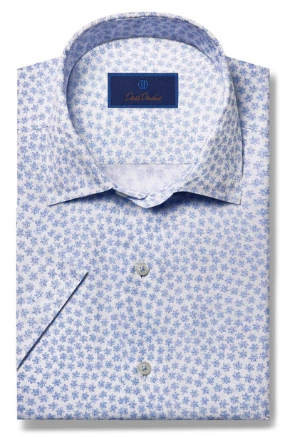 David Donahue Starfish Print Short Sleeve Linen & Cotton Button-up Shirt In White Blue