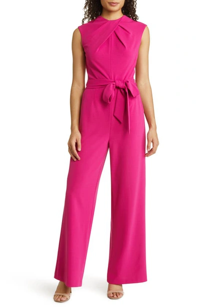 Tahari Asl Cross Neck Tie Waist Jumpsuit In Wild Berry