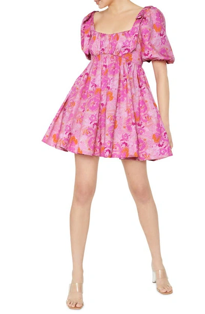 Likely Martinique Floral Puff-sleeve Tie-back Mini Dress In Pink Multi