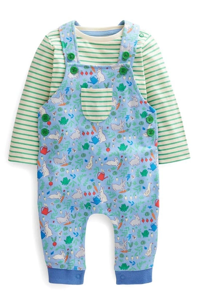 Mini Boden Babies' Stripe Long Sleeve Cotton T-shirt & Garden Print Overalls Set In Vista Blue Bunny Patch