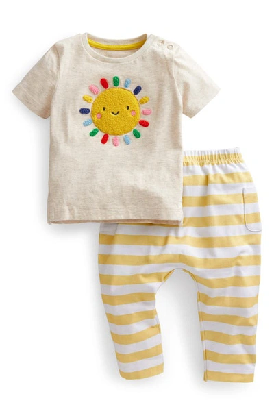 Mini Boden Babies' Sun Applique Cotton Graphic Tee & Striped Leggings Set In Oatmeal Marl Rainbow Suns
