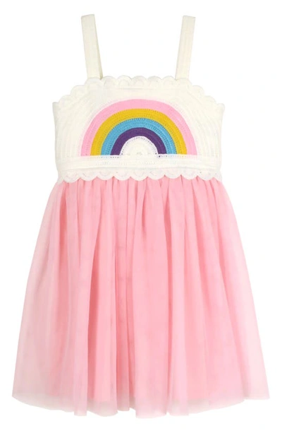 Zunie Kids' Crochet Rainbow & Tulle Dress In Ivory/ Pink