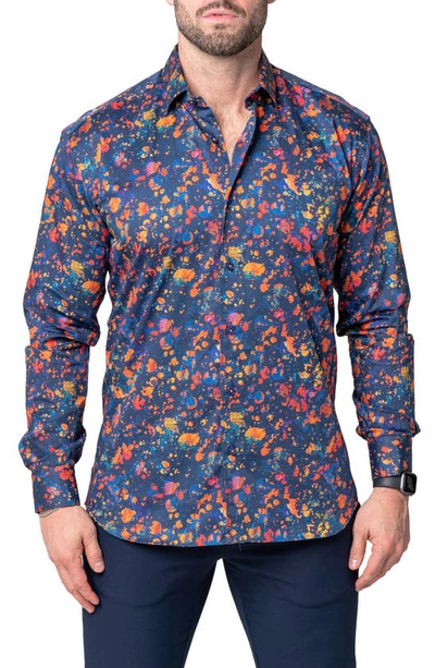 Maceoo Fibonacci Splat Blue Contemporary Fit Button-up Shirt