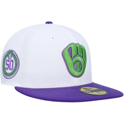New Era White Milwaukee Brewers 50th Anniversary Side Patch 59fifty Fitted Hat