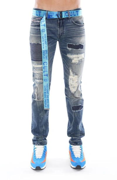 Cult Of Individuality Rocker Slim Belted Straight Leg Jeans In Multi