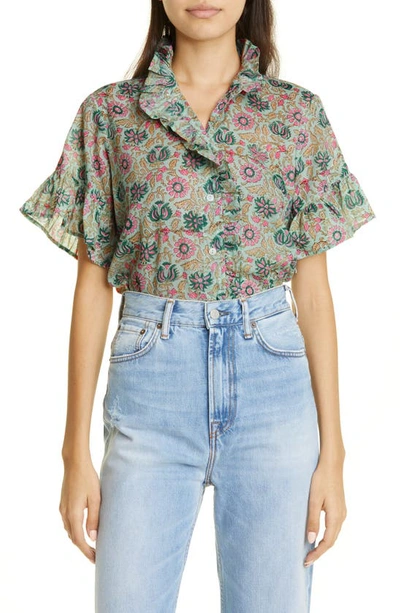 Mille Vanessa Ruffle Detail Cotton Blouse In Caribbean Floral